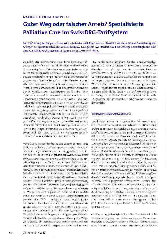 Vorschauseite 1: Guter Weg oder falscher Anreiz? Spezialisierte Palliative Care im SwissDRG-TarifSystem