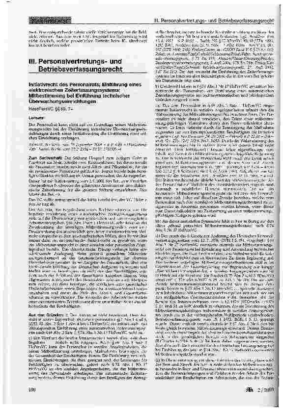 Vorschauseite 1: III. Personalvertretungsund Betriebsverfassungsrecht Initiativrecht des Personalrats; Einführung eines elektronischen Zeiterfassungssystems; Mitbestimmung bei Einführung technisch…
