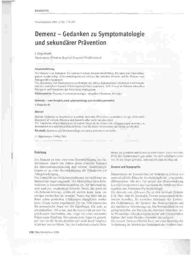 Vorschauseite 1: Demenz - Gedanken zu Symptomatologie und sekundärer Prävention