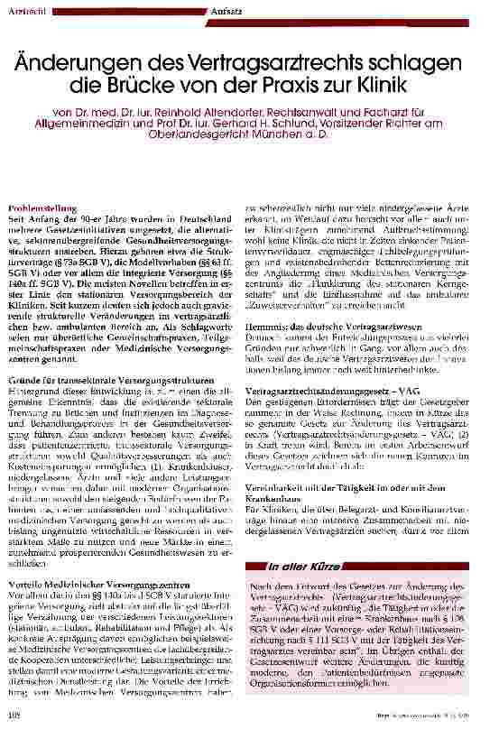 Vorschauseite 1: Änderungen des Vertragsarztrechts schlagen die Brücke von der Praxis zur Klinik