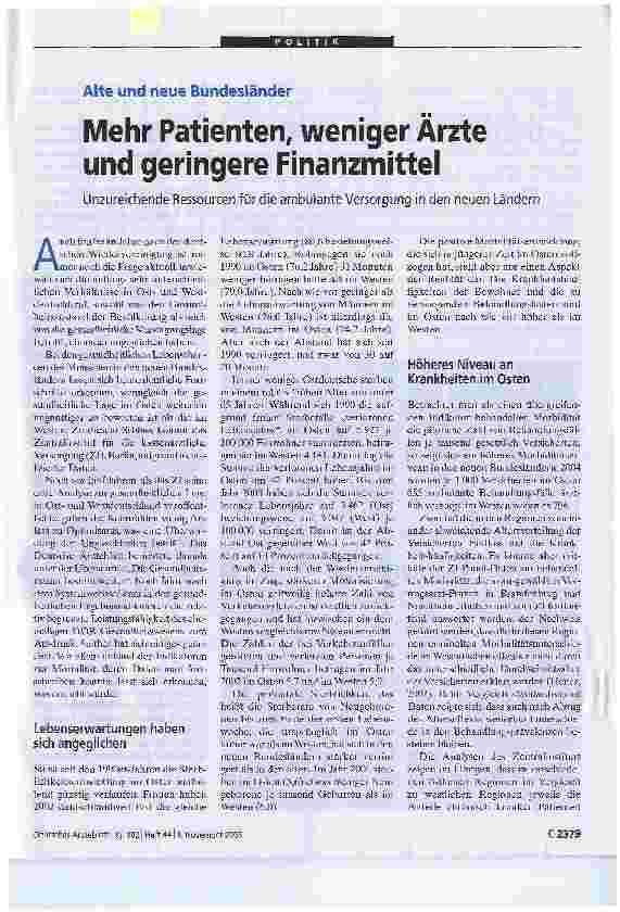 Vorschauseite 1: Alte und neue BundesländerMehr Patienten, weniger Ärzte und geringere FinanzmittelUnzureichende Ressourcen für die ambulante Versorgung in den neuen Ländern
