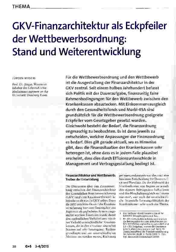 Vorschauseite 1: GKV-Finanzarchitektur als Eckpfeiler der Wettbewerbsordnung: Stand und Weiterentwicklung