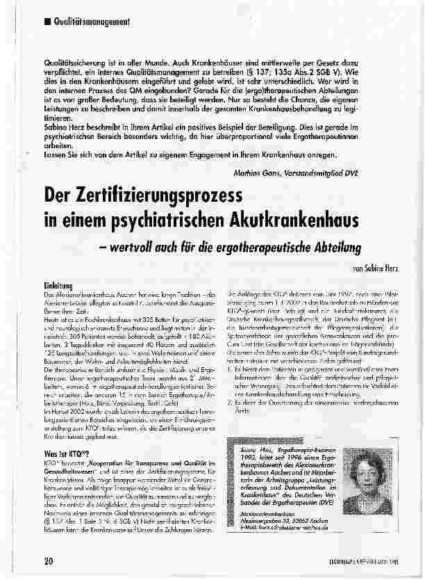 Vorschauseite 1: Der Zertifizierungsprozess in einem psychiatrischen Akutkrankenhauswertvoll auch für die ergotherapeutische Abteilung