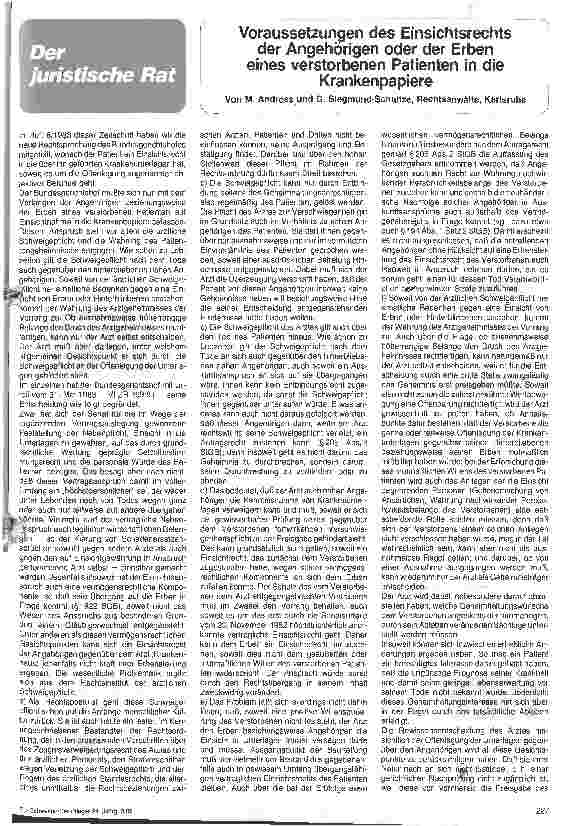 Vorschauseite 1: Voraussetzungen des Einsichrechts der Angehörigen oder der Erben eines verstorbenen Patienten in die Krankenpapiere
