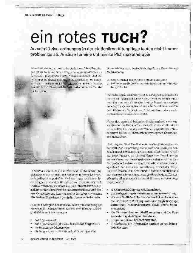 Vorschauseite 1: ein rotes TUCH? Arzneimittelverordnungen in der stationären Altenpflege laufen nicht immer problemlos ab.