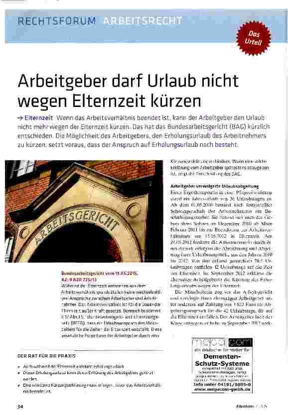Vorschauseite 1: Arbeitgeber darf Urlaub nicht wegen Elternzeit kürzen