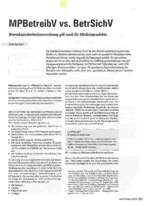 Vorschauseite 1: MPBetreibV vs. BetrSichVBetriebssicherheitsverordnung gilt auch für Medizinprodukte