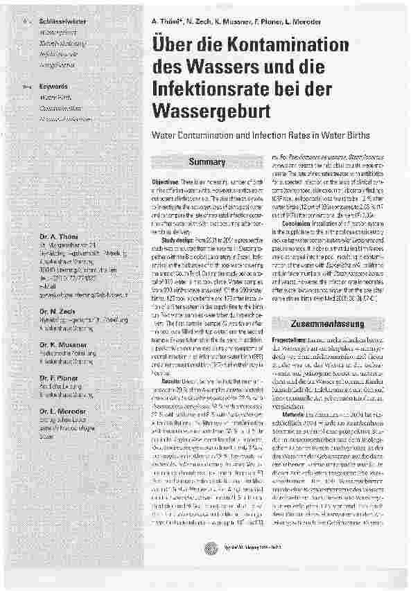 Vorschauseite 1: Über die Kontamination des Wassers und die Infektionsrate bei der Wassergeburt