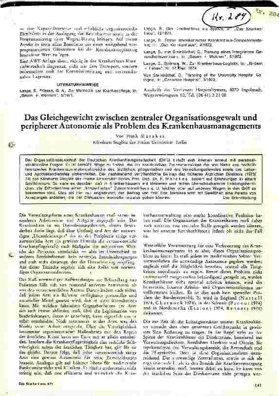 Vorschauseite 1: Gleichgewicht zwischen zentraler Organisationsgewalt und peripherer Autonomie als Problem des Krankenhausmanagement