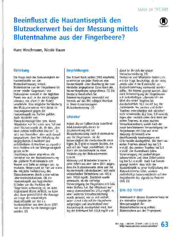 Vorschauseite 1: Beeinflusst die Hautantiseptik den Blutzuckerwert bei der Messung mittels Blutentnahme aus der Fingerbeere?