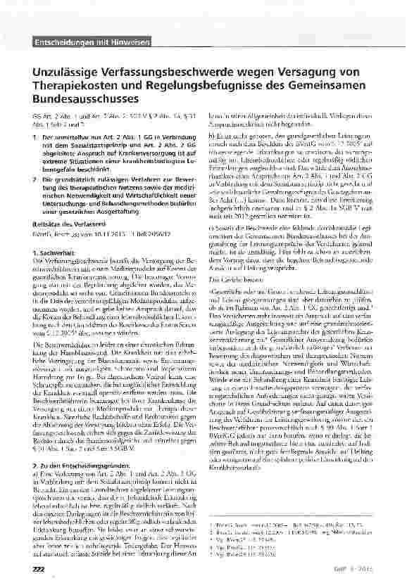 Vorschauseite 1: Unzulässige Verfassungsbeschwerde wegen Versagung von Therapiekosten und Regelungsbefugnisse des Gemeinsamen Bundesausschusses