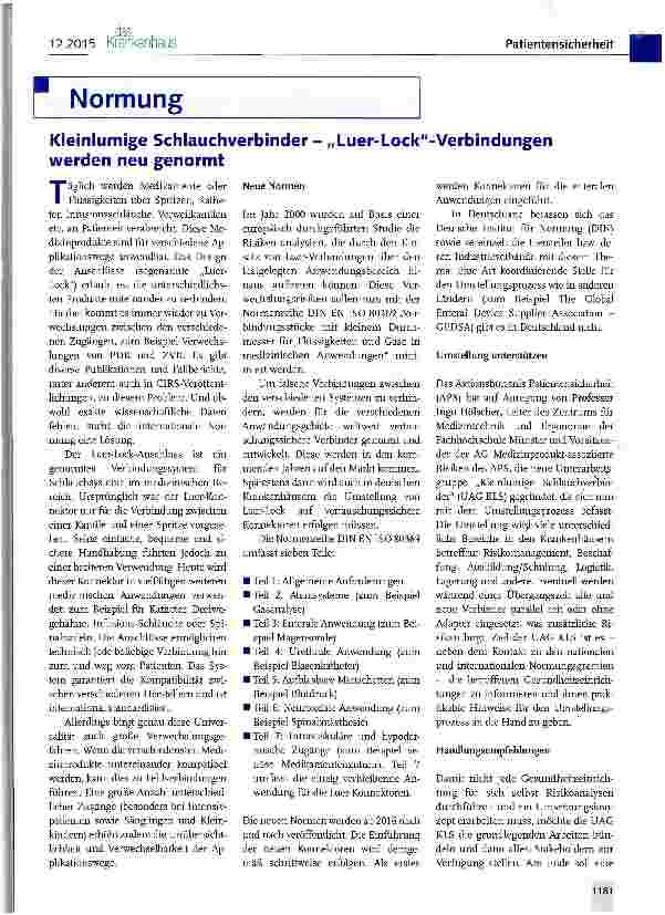 Vorschauseite 1: Kleinlumige Schlauchverbinder- „Luer-Lock-Verbindungen werden neu genormt