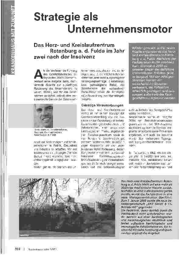 Vorschauseite 1: Strategie als UnternehmensmotorDas Herzund KreislaufzentrumRotenburg a. d. Fulda im Jahr zwei nach der Insolvenz