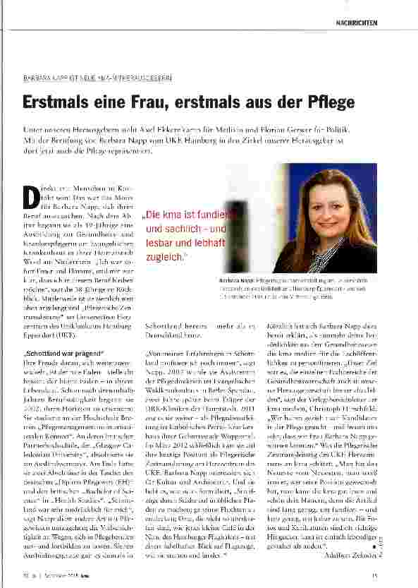 Vorschauseite 1: Erstmals eine Frau, erstmals aus der Pflege
