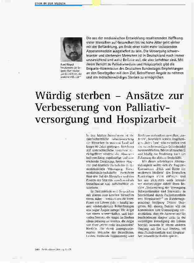 Vorschauseite 1: Würdig sterben - Ansätze zur Verbesserung von Palliativversorgung und Hospizarbeit
