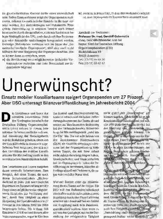 Vorschauseite 1: Unerwünscht?Einsatz mobiler Konsiliarteams steigert Organspenden um 27 Prozent. Aber DSO untersagt Bilanzveröffentlichung im Jahresbericht 2004