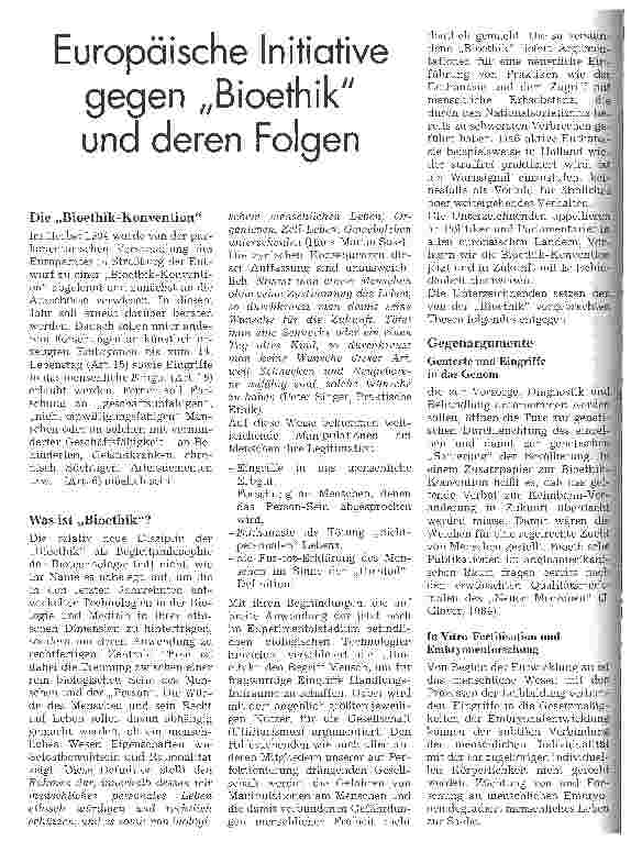 Vorschauseite 1: Europäische Initiative gegen Bioethik und deren Folgen