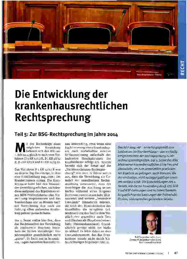 Vorschauseite 1: Die Entwicklung der krankenhausrechtlichen Rechtsprechung Teil 5: Zur BSG-Rechtsprechung im Jahre 2014