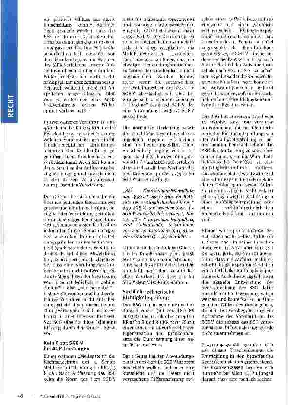 Vorschauseite 2: Die Entwicklung der krankenhausrechtlichen Rechtsprechung Teil 5: Zur BSG-Rechtsprechung im Jahre 2014