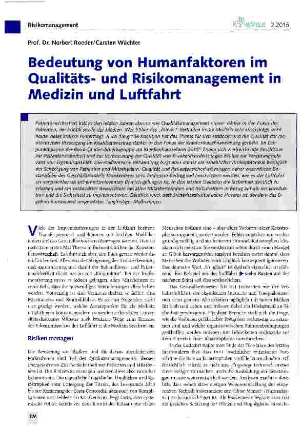 Vorschauseite 1: Bedeutung von Humanfaktoren im Qualitätsund Risikomanagement in Medizin und Luftfahrt