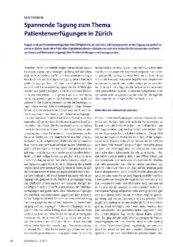 Vorschauseite 1: Spannende Tagung zum Thema Patienten Verfügungen in Zürich