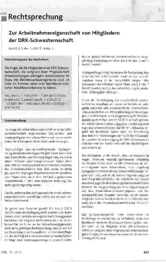 Vorschauseite 1: Zur Arbeitnehmereigenschaft von Mitgliedern der DRK-Schwesternschaft