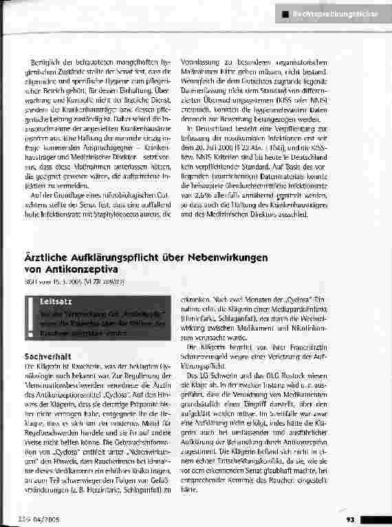 Vorschauseite 1: Ärztliche Aufklärungspflicht über Nebenwirkungen von AntikonzeptivaBGH vom 15.3.2005 {VI ZR 289/03)
