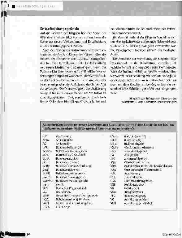 Vorschauseite 2: Ärztliche Aufklärungspflicht über Nebenwirkungen von AntikonzeptivaBGH vom 15.3.2005 {VI ZR 289/03)