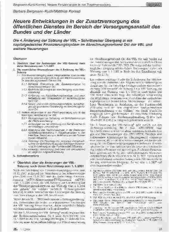 Vorschauseite 1: Neuere Entwicklungen in der Zusatzversorgung des öffentlichen Dienstes im Bereich der Versorgungsanstalt des Bundes und der Länder