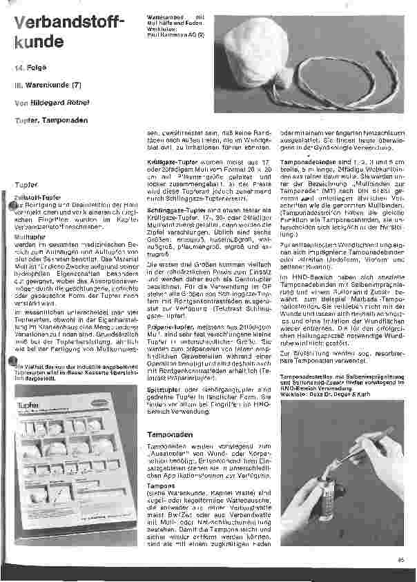 Vorschauseite 1: Verbandstoffkunde 14. Folge III. Warenkunde (7) - Tupfer, Tamponaden