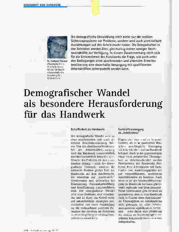 Vorschauseite 1: Demografischer Wandel als besondere Herausforderungfür das Handwerk