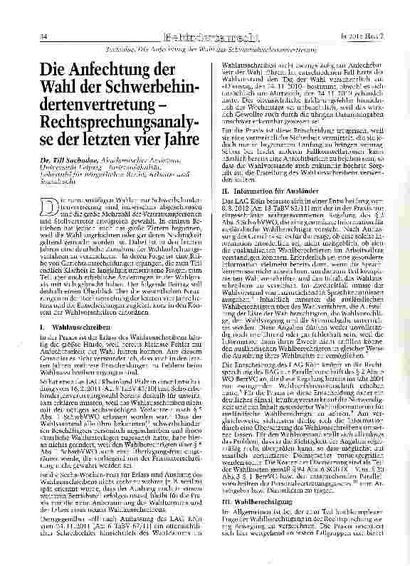 Vorschauseite 1: Die Anfechtung der Wahl der Schwerbehindertenvertretung -Rechtsprechungsanalyse der letzten vier Jahre