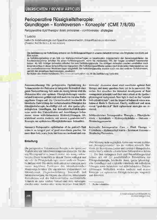 Vorschauseite 1: Perioperative Flüssigkeitstherapie:Grundlagen - Kontroversen - Konzepte* (CME 7/8/05)