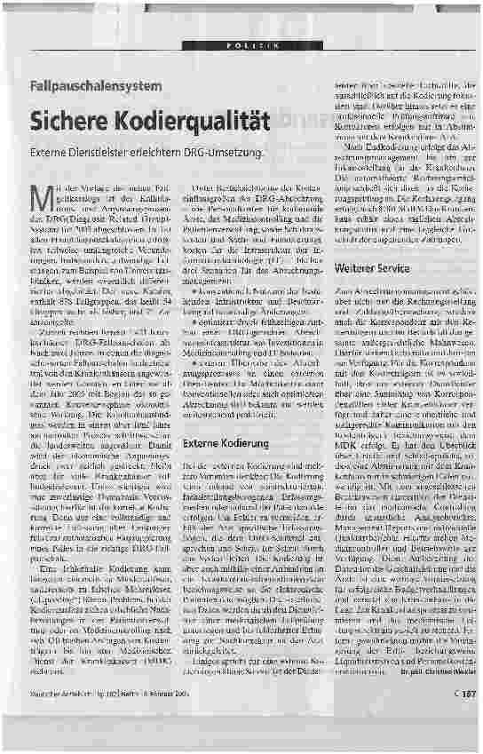 Vorschauseite 1: Sichere KodierqualitätExterne Dienstleister erleichtern DRG-Umsetzung.