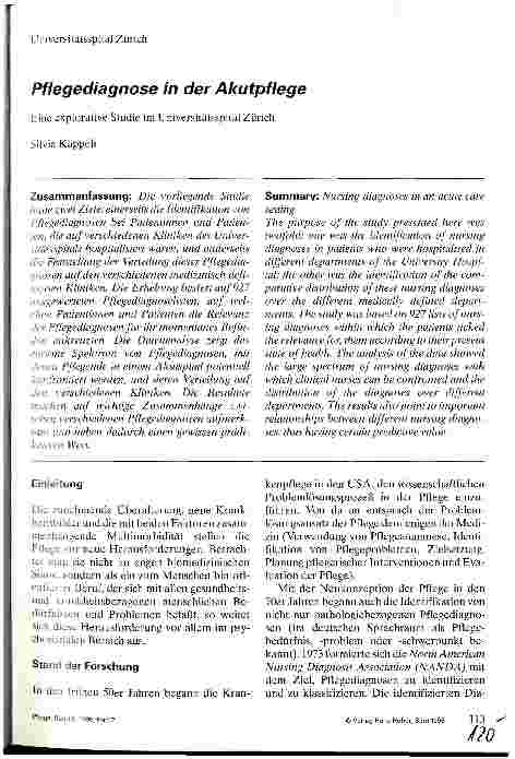 Vorschauseite 1: Pflegediagnose in der Akutpflege Eine explorative Studie im Universitätsspital Zürich