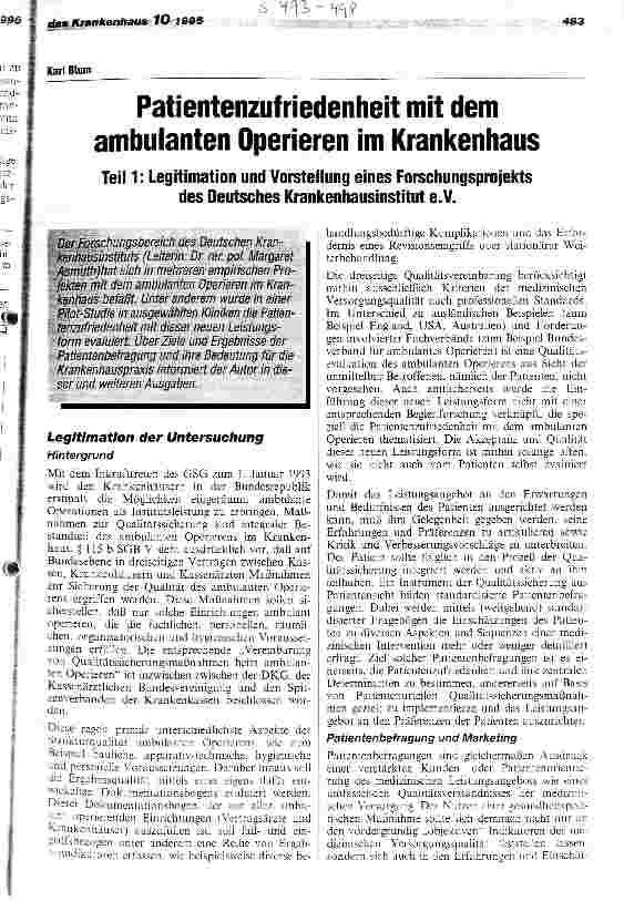 Vorschauseite 1: Patientenzufriedenheit mit dem ambulanten Operieren im Krankenhaus Teil 1: Legitimation und Vorstellung eines Forschungsprojekts des Deutschen Krankenhausinstitut e. V.