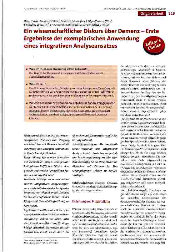 Vorschauseite 1: Ein wissenschaftlicher Diskurs über Demenz - Erste Ergebnisse der exemplarischen Anwendung eines integrativen Analyseansatzes