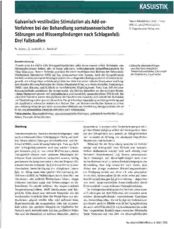 Vorschauseite 1: Galvanisch-vestibuläre Stimulation als Add-on-Verfahren bei der Behandlung somatosensorischer Störungen und Missempfindungen nach Schlaganfall: Drei Fallstudien