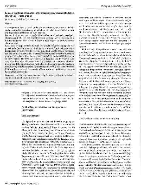 Vorschauseite 2: Galvanisch-vestibuläre Stimulation als Add-on-Verfahren bei der Behandlung somatosensorischer Störungen und Missempfindungen nach Schlaganfall: Drei Fallstudien