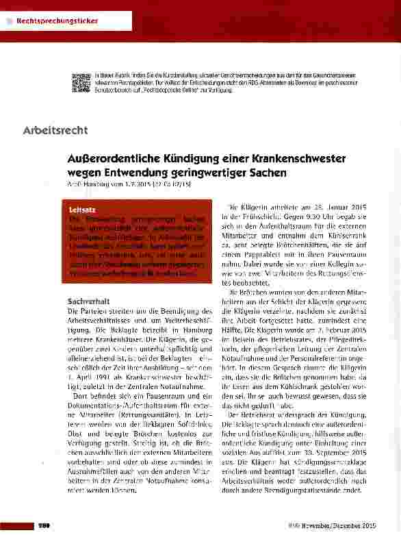 Vorschauseite 1: Außerordentliche Kündigung einer Krankenschwester wegen Entwendung geringwertiger Sachen