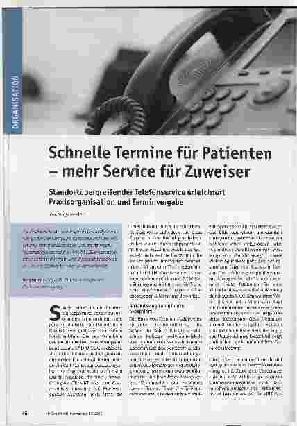 Vorschauseite 1: Schnelle Termine für Patienten - mehr Service für Zuweiser. Standortübergreifender Telefonservice erleichtert Praxisorganisation und Terminvergabe.