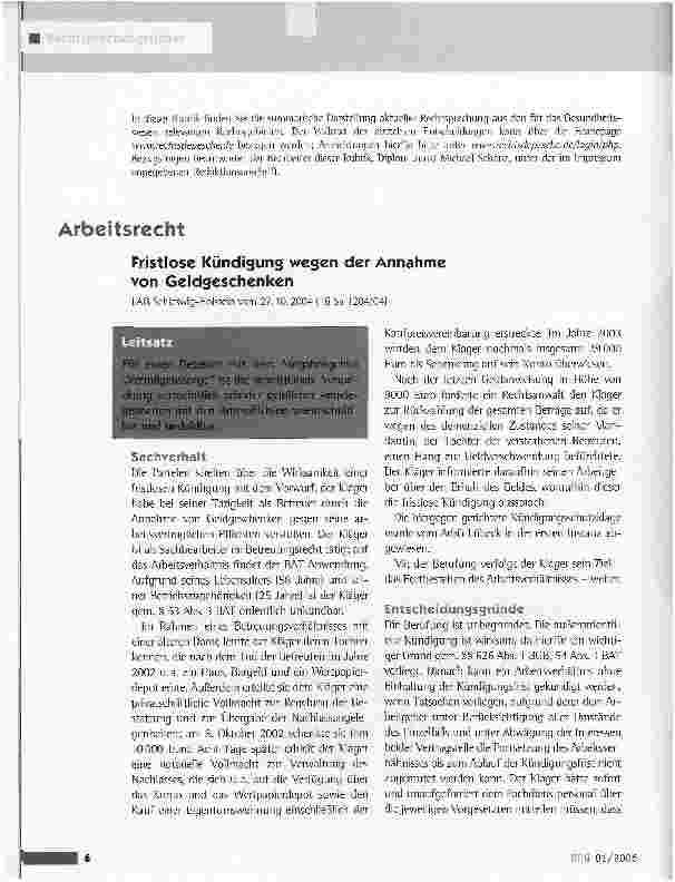 Vorschauseite 1: Fristlose Kündigung wegen der Annahme von Geldgeschenken