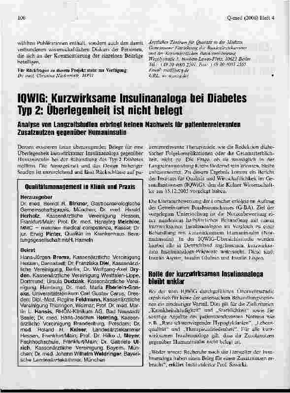 Vorschauseite 1: IQWIG: Kurzwirksame Insulinanaloga bei Diabetes TYP 2: Überlegenheit ist nicht belegt