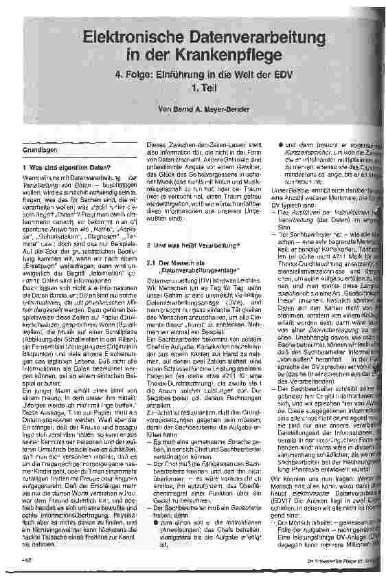 Vorschauseite 1: Elektronische Datenverarbeitung in der Krankenpflege 4. Folge: Einführung in die Welt der EDV 1. Teil