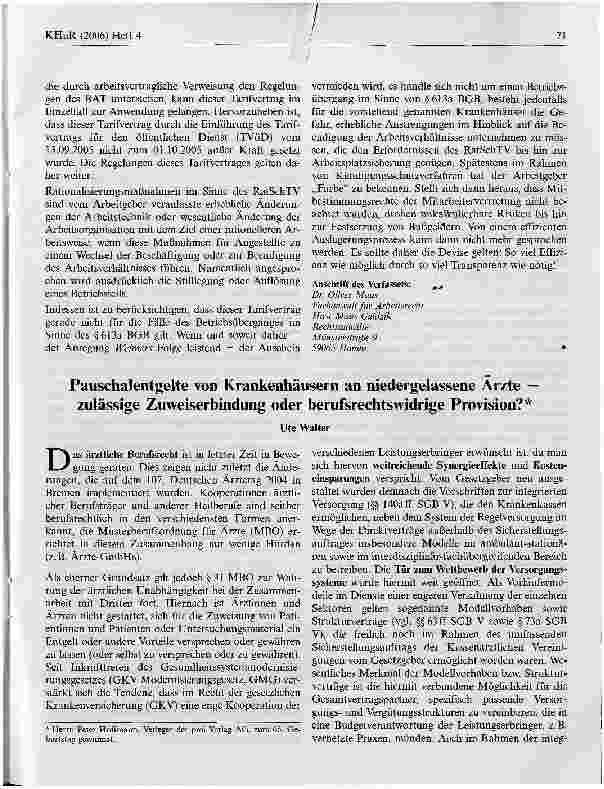 Vorschauseite 1: Pauschalentgelte von Krankenhäusern an niedergelassene Arzte - zulässige Zuweiserbindung oder berufsrechtswidrige Provision? *