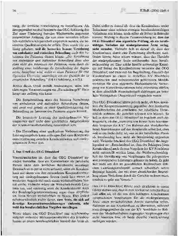 Vorschauseite 4: Pauschalentgelte von Krankenhäusern an niedergelassene Arzte - zulässige Zuweiserbindung oder berufsrechtswidrige Provision? *