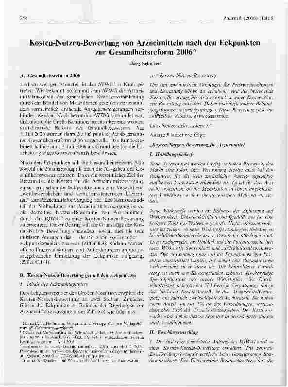 Vorschauseite 1: Kosten-Nutzen-Bewertung von Arzneimitteln nach den Eckpunkten zur Gesundheitsreform 2006