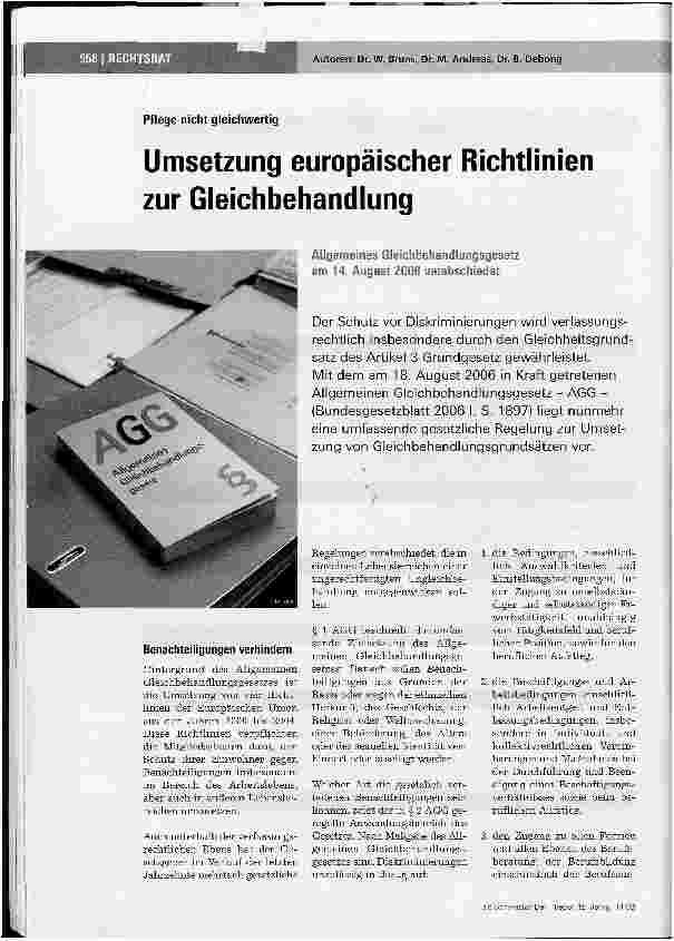 Vorschauseite 1: Pflege nicht gleichwertig - Umsetzung europäischer Richtlinien zur Gleichbehandlung
