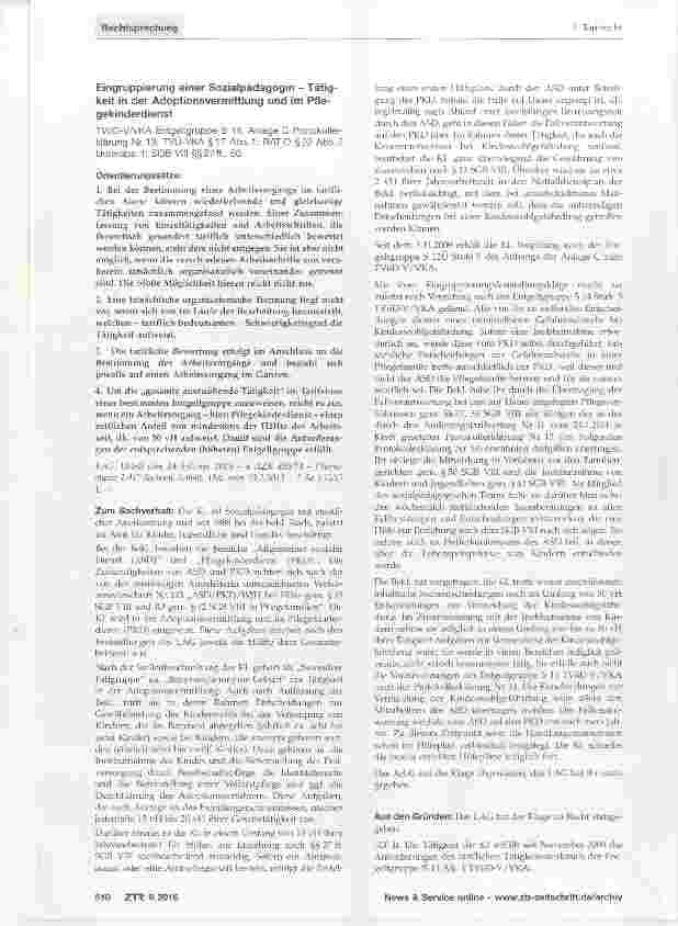 Vorschauseite 1: Eingruppierung einer Sozialpädagogin Tätigkeit in der Adoptionsvermittlung und im Pflegekinderdienst