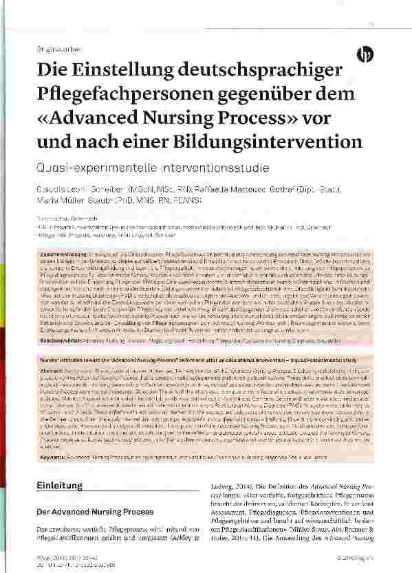 Vorschauseite 1: Die Einstellung deutschsprachiger Pflegefachpersonen gegenüber dem «Advanced Nursing Process» vor und nach einer Bildungsintervention